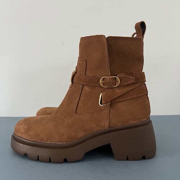 Steve Madden Coletta Lug Sole Tan Suede Buckle Ankle Booties - Picture 5 of 9